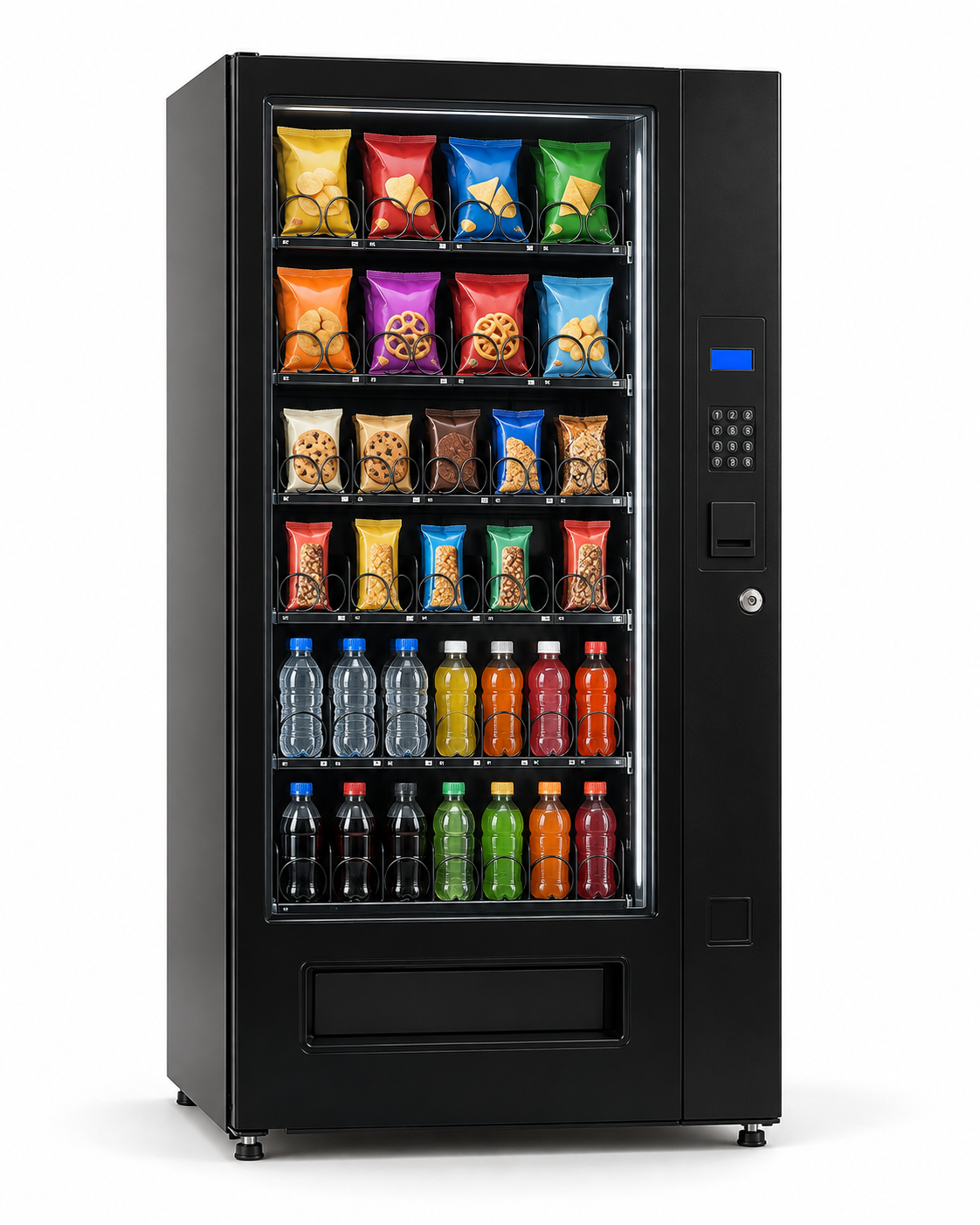 Black combination vending machine stocked with snacks and cold beverages