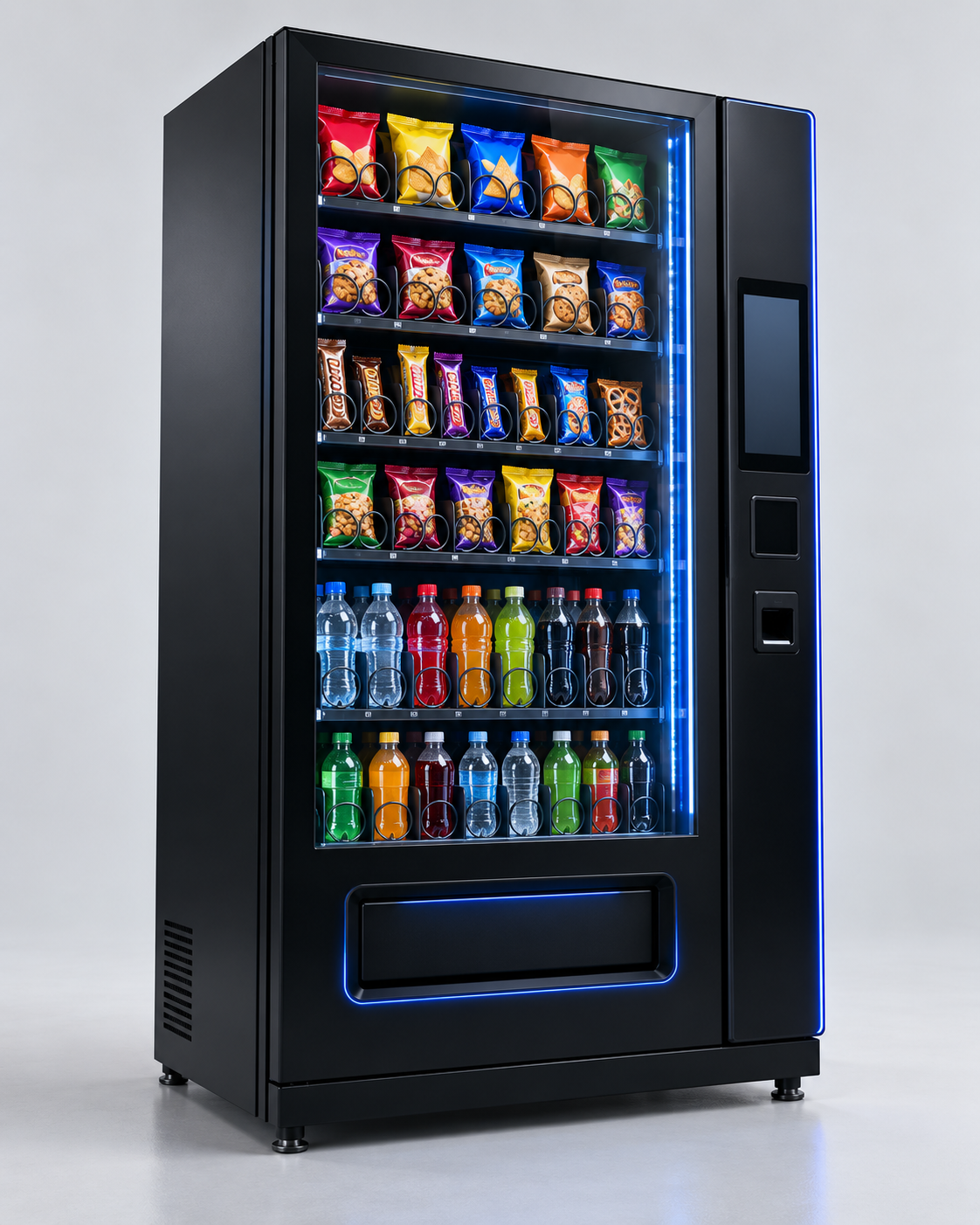 Modern combination vending machine stocked with snacks and cold beverages